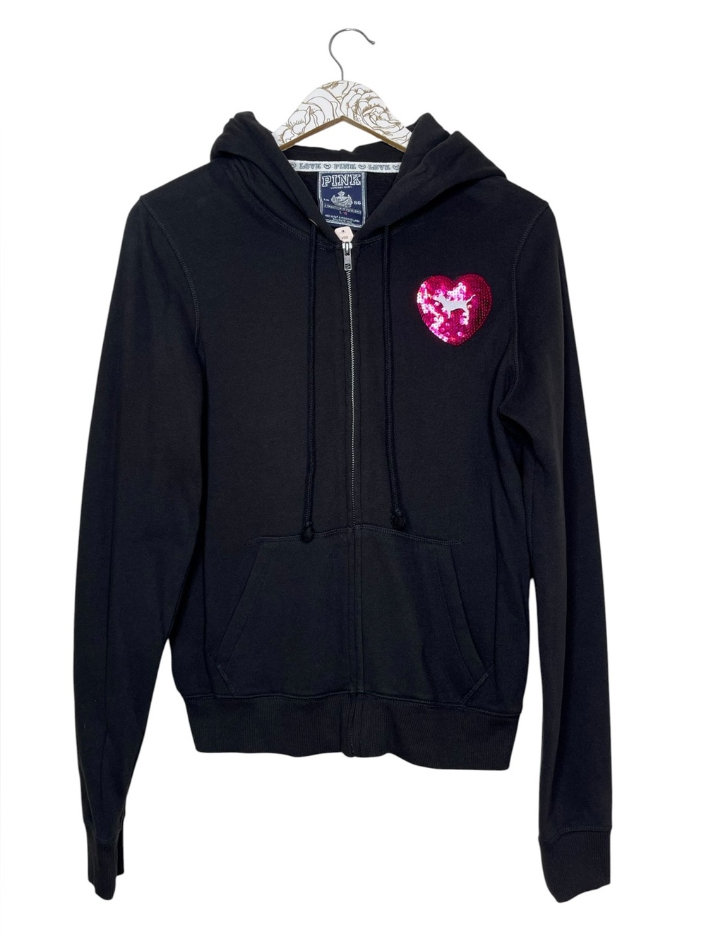 Vintage Y2K 2000s Pink Victorias Secret Zip Hoodie Sweatshirt Bling Sequin Heart